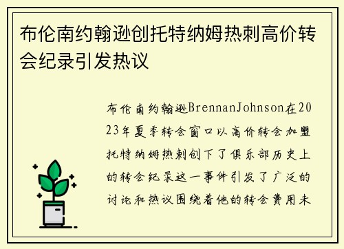 布伦南约翰逊创托特纳姆热刺高价转会纪录引发热议