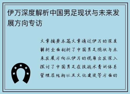 伊万深度解析中国男足现状与未来发展方向专访 伊万深度解析中国男足现状与未来发展方向专访